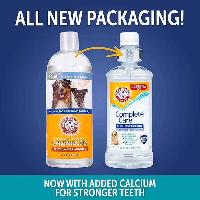 Arm & Hammer Complete Care Dental Water Additive for Dogs, Easy Portion Bottle 16 Fl Oz, Dog Breath Freshener, Odorless and Flavorless, Baking Soda Enhanced for Tartar Control