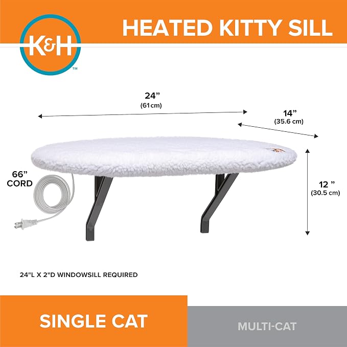 K&H Pet Products Kitty Sill Heated Cat Window Perch for Large Cats, Orthopedic Window Hammock Bed Holds 40LBS, Washable Cover, Kitty Windowsill Bed Seat for Indoors - Cream Fleece, Heated, 14 X 24in