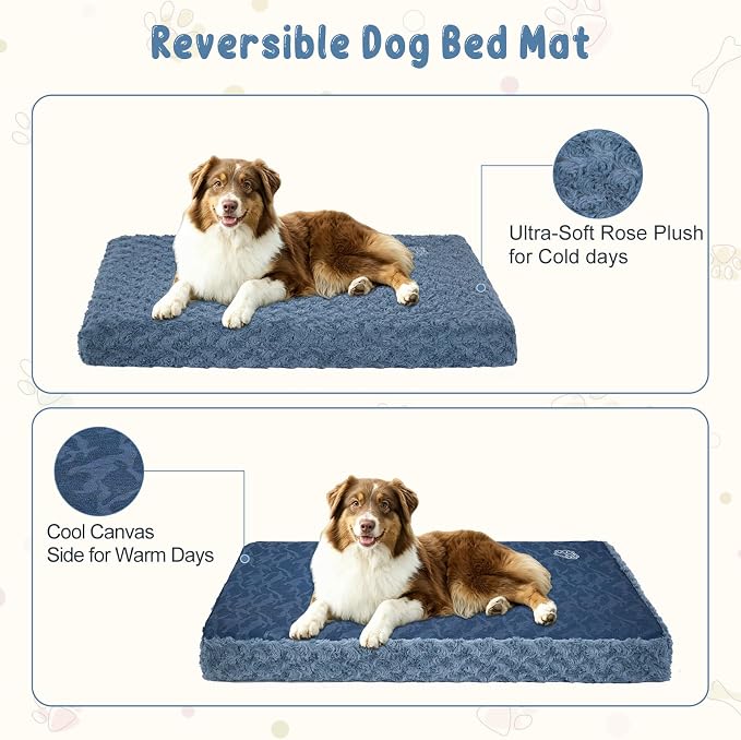 EMPSIGN Dog Bed Mat Crate Pad Mattress, Ultra Soft Pet Kennel, Navy, Large | Reversible(Cool & Warm), Waterproof Linings, Removable Machine Washable Cover, for 36" Dog Crate, Soft Rose Plush/Canvas