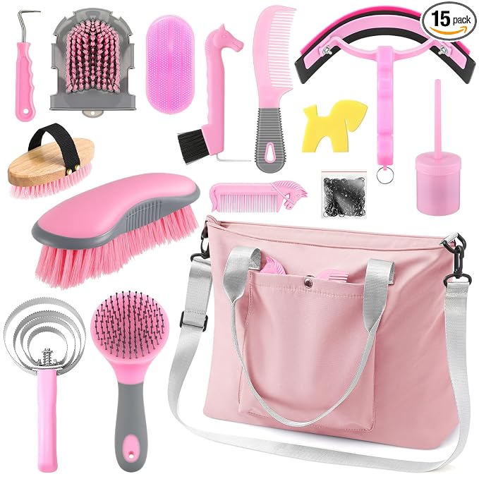 Abbylike 15 Pieces Horse Grooming Kit with Organizer Tote Bag Tack Room Supplies Horse Brush Sets Care Equine Cleaning Kit Shedding Grooming Massaging Tools(Pink and Grey)