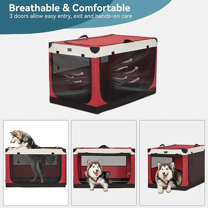 PETSFIT 40" Soft Portable Dog Crate – Patented Spiral Sturdy Frame, Collapsible Travel Kennel for Large Dogs, 3 Mesh Door, Lockable Zippers, Indoor & Car Use Red