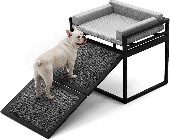 Non Slip Dog Ramp with Seat Extra Wide Seat Doggie Mate Stairs Grey | Metal Frame Puppy Chair for High Bed Couch Office,Dachshunds Ladder,Washable Cushion Pet Step for Small Old Pets,Cat Ladder