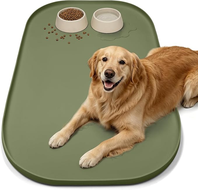 SMILOOL Waterproof Silicone Pet Food Mat with Raised Edge for Dog & Cat | 36" x 24" Non-Slip Large Pet Feeding Mats with Lip for Food & Water Bowl, Food Grade, Easy Cleaning, Light Olive Green