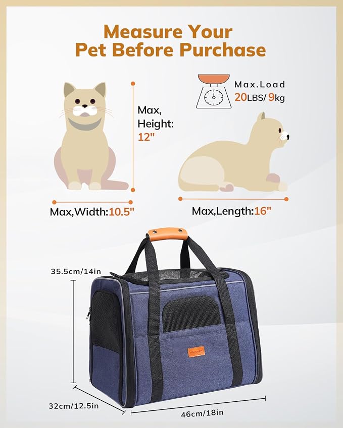 Morpilot Cat Carrier Soft for Large Medium Cats and Puppy up to 20lbs | with Dual-Sided Cushion, Secure Buckle and Foldable Bowl, Dog Carriers for Small Dogs - Pet Carrier (Dark Blue)