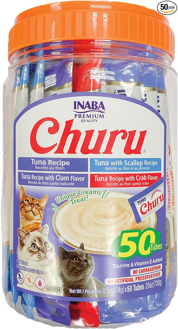 INABA Churu Cat Treats, Lickable, Squeezable Creamy Purée Cat Treat with Green Tea Extract & Taurine, 0.5 Ounces Each Tube, 50 Tubes, Tuna & Seafood Variety