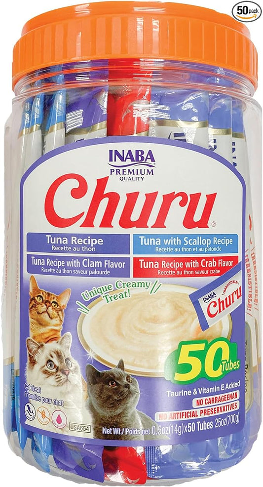 INABA Churu Cat Treats, Lickable, Squeezable Creamy Purée Cat Treat with Green Tea Extract & Taurine, 0.5 Ounces Each Tube, 50 Tubes, Tuna & Seafood Variety