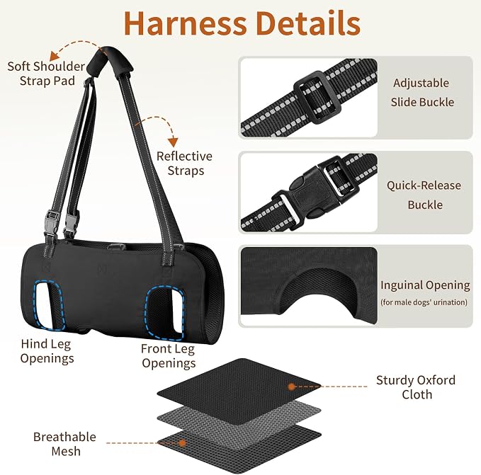 Full Body Dog Lift Harness, Support Senior & Disabled Dogs Walking | Help Up & Down Stairs Grooming, Dog Sling Backpack, Front Hind Leg Joint Injuries, Reflective, Soft Padded Handle | Black, M