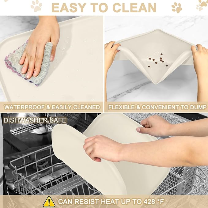 SMILOOL Waterproof Silicone Pet Food Mat with Raised Edge for Dog & Cat | 24" x 16" Non-Slip Pet Feeding Mats with Lip for Food & Water Bowl, Food Grade, Easy Cleaning, White Sand