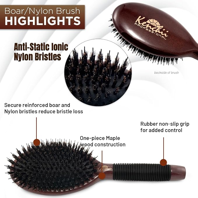 Kenchii Boar and Nylon Bristle Brush for Dog and Cat, Professional Grooming Brush with Maple Body, Lightweight, Non-Slip Rubber, Size Large