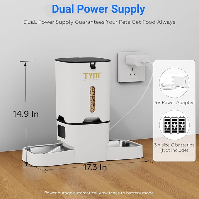 TYM Dual Automatic Cat Feeder for 2 Cats, 7L WiFi Cat Food Dispenser with Smart App Control, Programmable Feeding Schedule for Multiple Pets, Stainless Steel Double Bowls, Detachable for Easy Clean