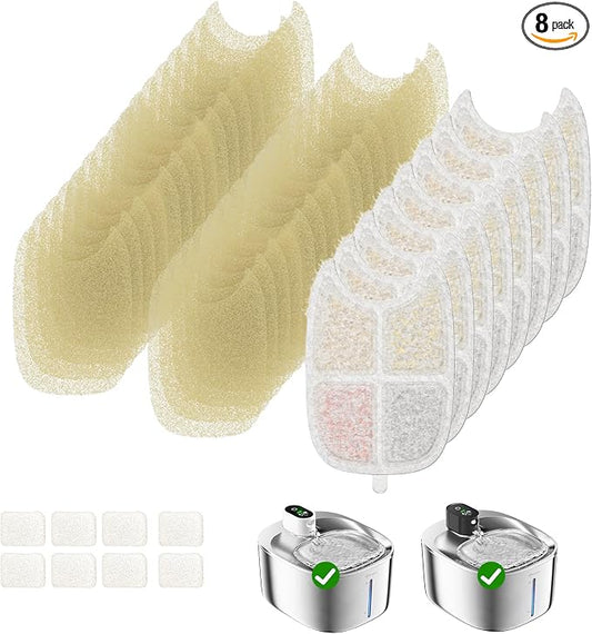 Wireless Cat Water Fountain Filter, 8 Pack Filters with 32 Pre-Filter Sponge for Cat Fountain Stainless Steel 135 fl oz, 6 Layer Replacement Filters for Pet Fountain Battery Operated