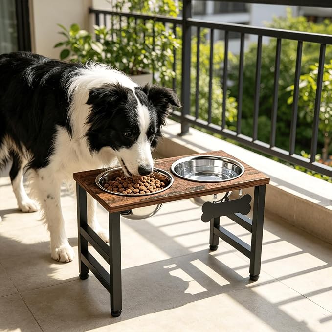 10" Tall Elevated Dog Bowls, Wooden & Metal Raised Dog Bowl Stand with 2 Stainless Steel Bowls-1700ml Capacity & Non-Slip Mat, Easy-Clean for Indoor/Outdoor Use