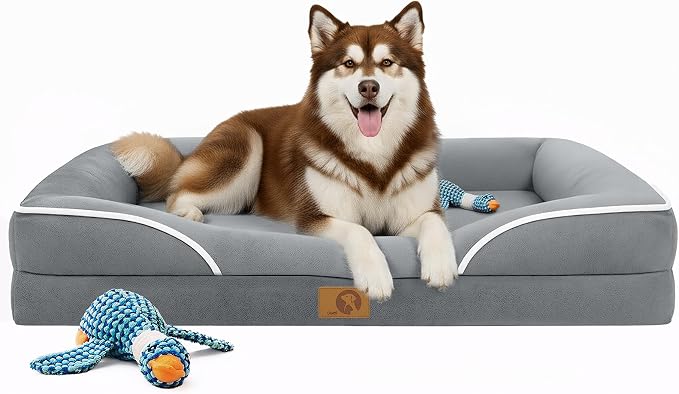 Homemate Dog Bed Extra Large Size Dog: 48"x35" Orthopedic Pet Bed with Toy | Large Dogs Bed with Non-Slip Botton & Removable Washable Cover Cat Bed Sofa XXL Outdoor Crate Pad Couch Light Grey