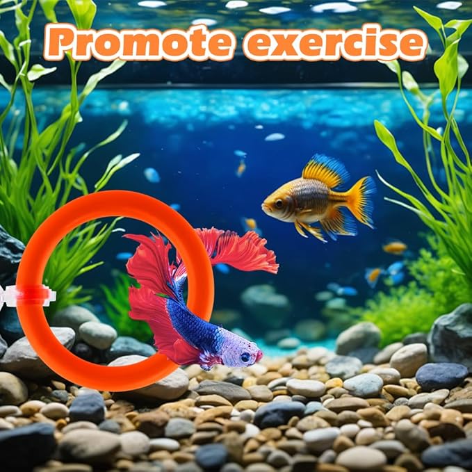 2pcs Bettas Fish Enrichment Toys Ring, with Mirror/Floating Ball, Exercise Floating Mirrors and Training Ring for Fish Tank, Aquarium Feeding Rings Accessories (Orange)