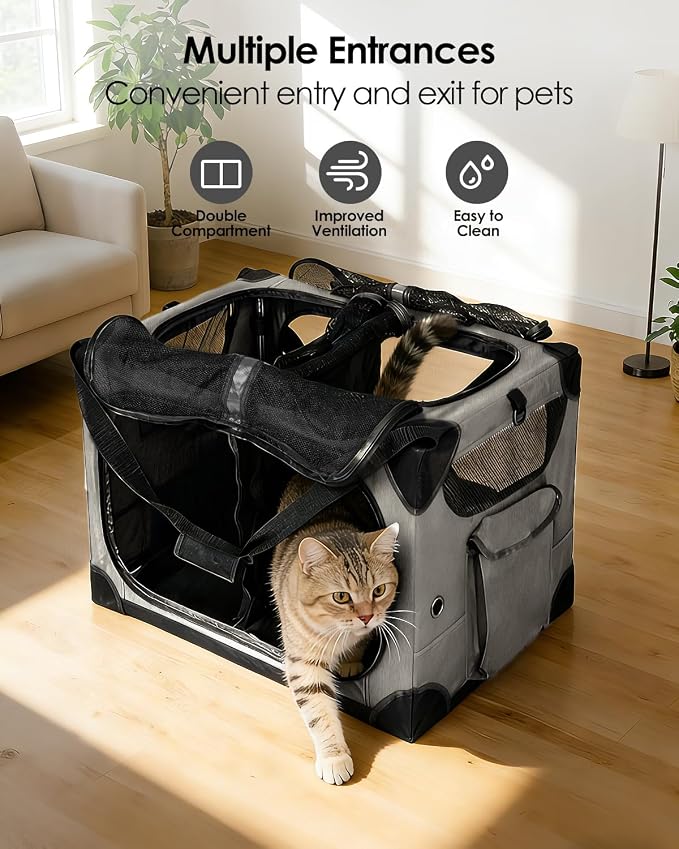 Extra Large 2-Cat Foldable Pet Travel Carrier,24"x17"x17",Gray | Removable Divider, Metal Frame Support, Breathable Mesh Panels, With Storage Tote & Padded Straps