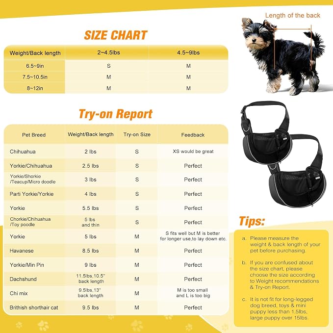 YUDODO Pet Sling Carrier for 5-9 lbs Small Dogs Cat Puppy Crossbody Carrier | Bottom support, Safety Hook, Large Zipper Pocket, Soft Breathable Mesh, Adjustable Strap, Reflective Strip, Black, M