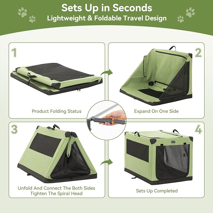 PETSFIT 26" Soft Portable Dog Crate – Patented Spiral Sturdy Frame, Collapsible Travel Kennel for Small Dogs, 3 Mesh Door, Lockable Zippers, Indoor & Car Use Green