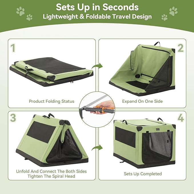 PETSFIT 40" Soft Portable Dog Crate – Patented Spiral Sturdy Frame, Collapsible Travel Kennel for Large Dogs, 3 Mesh Door, Lockable Zippers, Indoor & Car Use Green