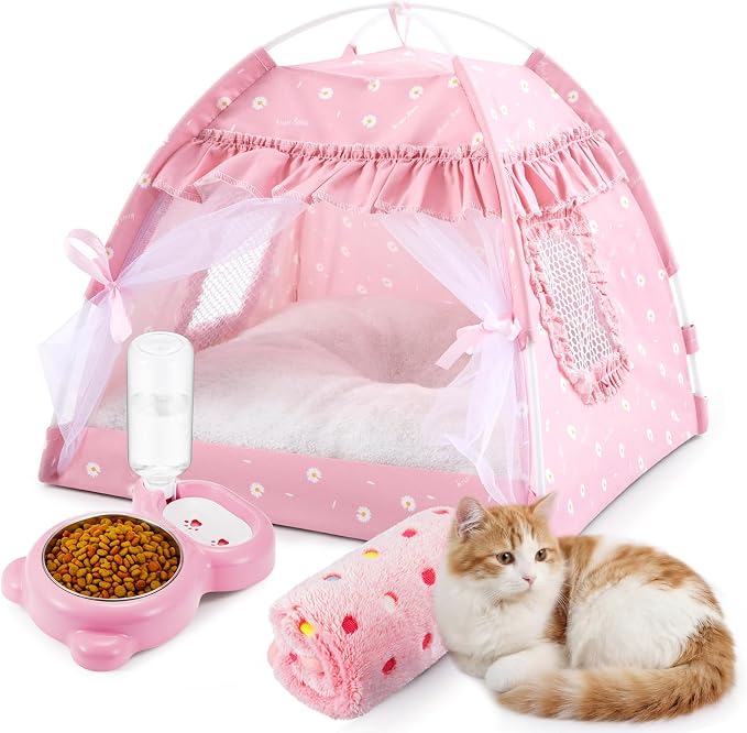 BreezeHug Cat Tent Bed with Bowl Water Dispenser Washable Cushion Blanket, Pink Princess Indoor Pet House Small Dog Bed Puppy Nest for Kitten Teacup Chihuahua Yorkie Maltese, 13.78 x 13.78 x 13.78 in