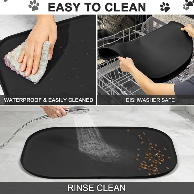 SMILOOL Waterproof Silicone Pet Food Mat with Raised Edge for Dog & Cat | 36" x 24" Non-Slip Large Pet Feeding Mats with Lip for Food & Water Bowl, Food Grade, Easy Cleaning, Black