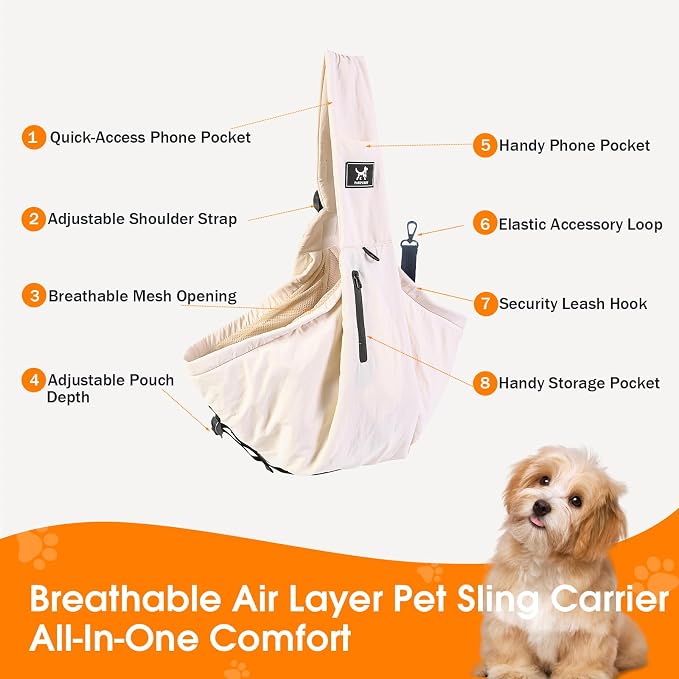 Dog Sling Carrier for Small Dogs & Cats 5-20 lbs, Adjustable Depth | Breathable Air Mesh Puppy Sling, Water-Resistant Travel Bag, Double Safety Leash, Machine Washable, Hands-Free Pouch, Apricot