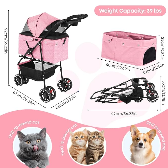 Pet Stroller,Dog Stroller for Small Medium Dogs Cats,3 Wheels,Pink | Foldable,with Breathable Mesh Canopy,Cup Holders,Easy Assembly