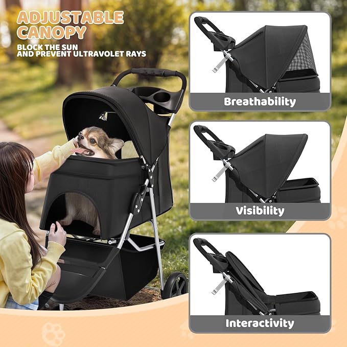 Magshion 3-Wheel Pet Stroller for Small/Medium Dog Cat, Up to 33lbs, Black | Foldable Travel Jogger w/ Breathable Mesh Cover, Lightweight Design, Safety Tethers, Cup Holder & Storage Basket