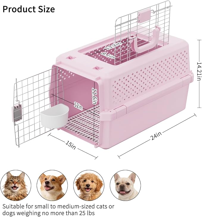 RIZZARI Hard-Sided Pet Carrier for Medium Dogs & Cats, 24" Travel Crate | Airline-Friendly Size,Durable Hard-Sided,Ventilation Openings,Secure Metal Wire Door,Comfortable Carry Handle