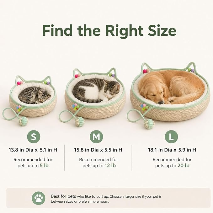 Handwoven Cotton Rope Cat Basket Bed with Hanging Ball Toy (Green, Medium) | cat bed, woven cat basket, kitten bed, small dog bed, cat toy ball, all season pet bed, washable cat cushion