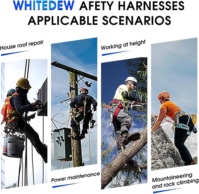 Fall Protection Premium Safety Harness with Shock Absorbing Lanyard, Vented & Padded Shoulder, Legs & Back - Upgrade 4 Quick Buckles (Blue)