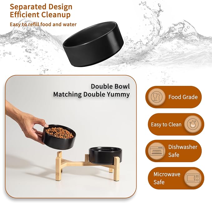 Elevated Ceramic Dog Bowl, 2 Cups Dog Food and Water Bowl Set with Stand | 5.1'' Double Dog Feeding Dishes, Non-Slip Raised Dog Feeder for Cats and Puppies, 16.23 OZ / 480 ML, White