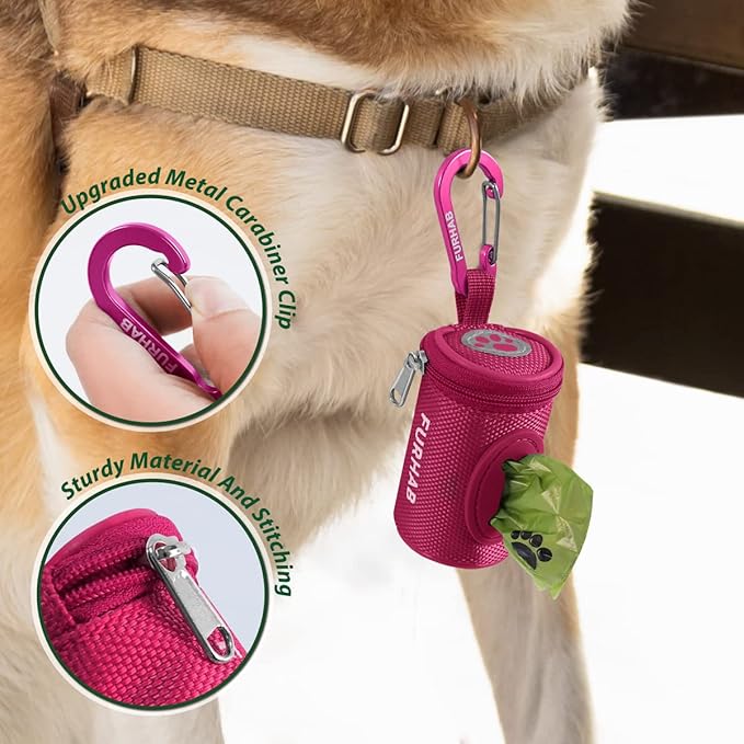 FURHAB Dog Poop Bag Holder for Leash Doggie Waste Bag Dispenser Soft Fabric Puppy Potty Carrier Small Doggy Zipper Pouch with Carabiner Clip 1680D Nylon Oxford with 1 Roll of Pet Trash Bags, Rose Red