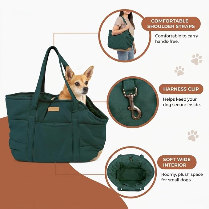Plush Dog Purse Carrier for Small Dogs, Soft Dog Tote Bag with Safety Harness Clip, Cozy Pet Carrier for Dogs Under 15 lbs, Comfortable Dog Shoulder Carrier for Travel, Green