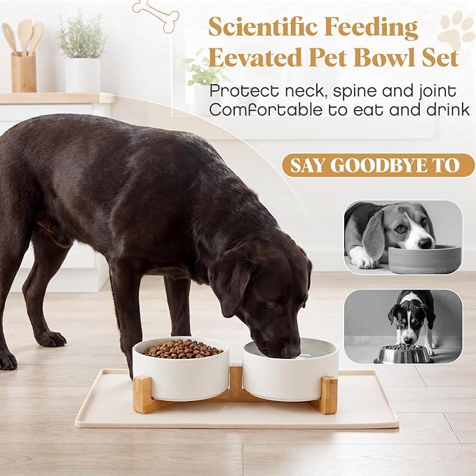 Ceramic Dog Bowl Food Water Bowl Set for Medium Dog with Wood Stand Waterproof Raised Edge Non-Slip Mat 3.6 Cups Glaze Weighted Feeding Dishes for Cat