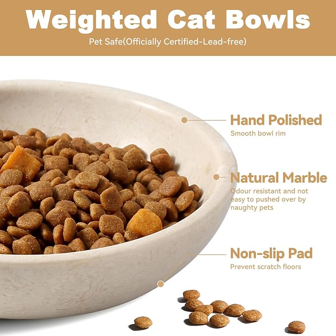 Karibiber Natural Marble Cat Bowl, Weighted 1.5lb Cat Food Bowl for Cat and Small Dog, Small Animal Pet Food Dish Non-Slip, Shallow Dish for Whisker Fatigue Relief, Premium Beige Stone for Home Decor