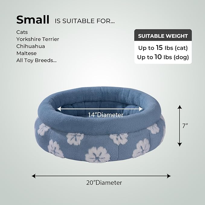 BALANCE Cat Beds for Indoor Cats, Washable Round Cat Bed, Cute 3D Flower Kitten Bed with Anti-Slip Bottom for Puppy and Kitten, 20 Inches, Blue