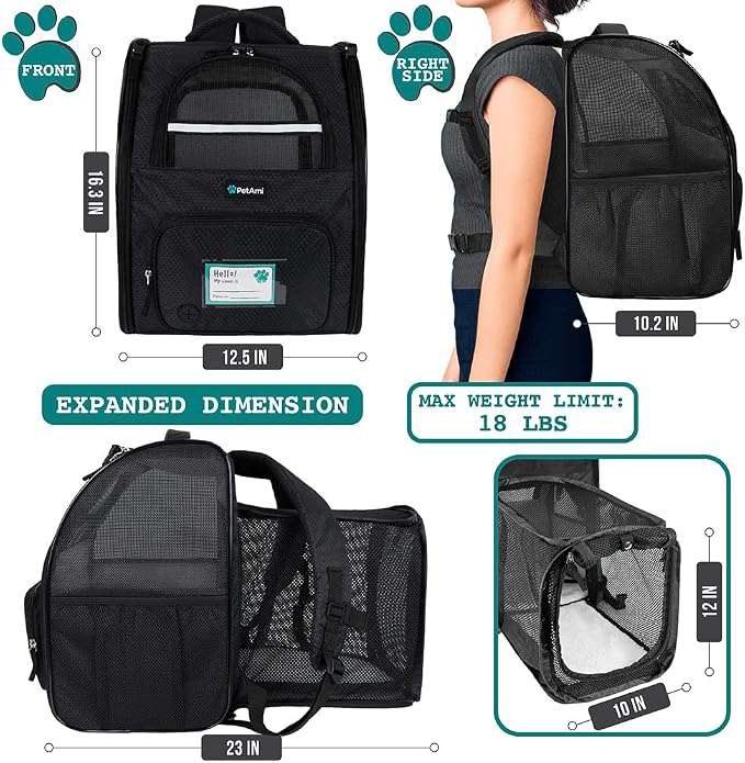 PetAmi Expandable Dog Backpack Carrier for Cats & Pets, Breathable Cat Carrier Backpack with Top Window & Multi-Entry, Ventilated Foldable Travel Carrier for Small Medium Pets up to 18 lbs, Black