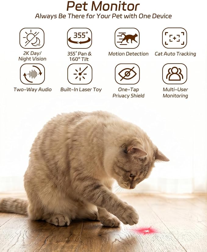 ALIOBC Pet Camera with Phone App Laser Toy 2K Cat Camera no Subscription | Auto Tracking Night Vision 355° Pan 2-Way Audio Dual-Band WiFi Indoor Pet Cam （Sky Blue）
