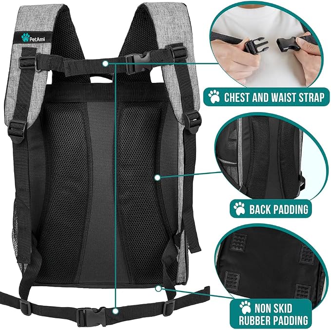 PetAmi Dog Backpack Carrier for Small Medium Dogs Large Cats up to 18 lbs, 2 Side Entry, Structured No-Collapse Frame, Airline Approved Ventilated Pet Backpack for Hiking Camping Travel, Grey