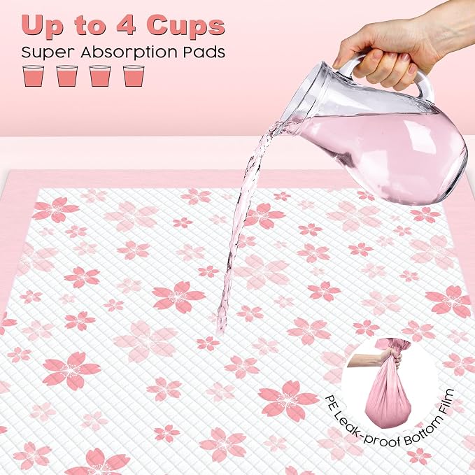 MIZOK Pink Puppy Pads with Adhesive Tabs Disposable No Leak 22x22in 100Ct | Cute Cherry Blossom Designs Feature Pheromone Attractant for Fast Training Small Dog Potty Pads Ideal for Female Puppy Needs