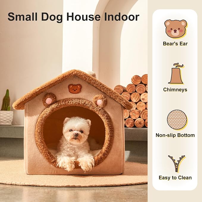 Cute Cat Beds for Indoor Cats,Foldable Cat House with Non-Slip Bottom,Brown | S Size Kitten Bed for 0-6 Lb Dogs and 0-8 Lb Cats,Cat Nest Puppy Cave,Soft Cozy Dog Cave Bed