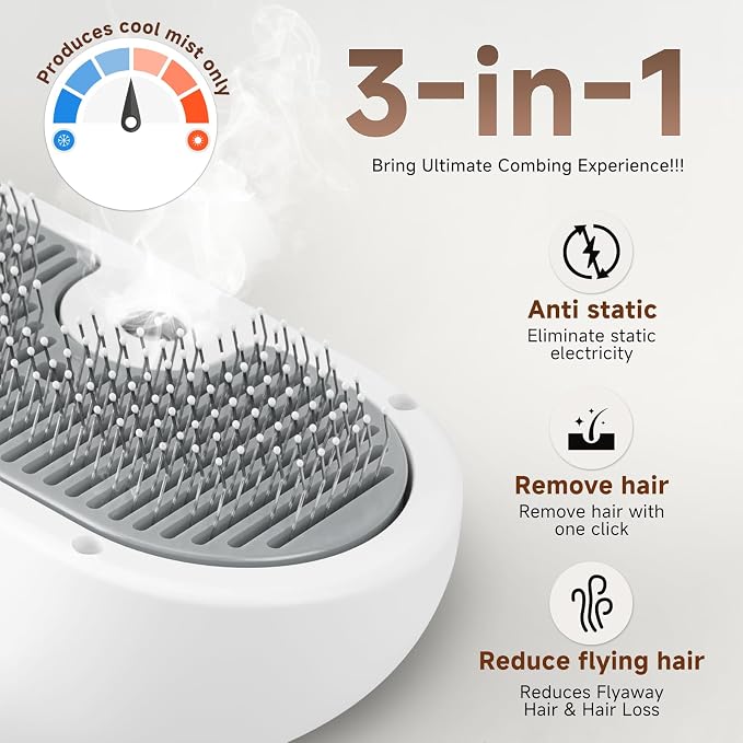 Pet Steam Brush for Dog & Cat - 3-in-1 Steam Grooming Brush for Shedding & Hair Removal - Self Cleaning Spray Comb with Mist for Long Haired Pets, Grey