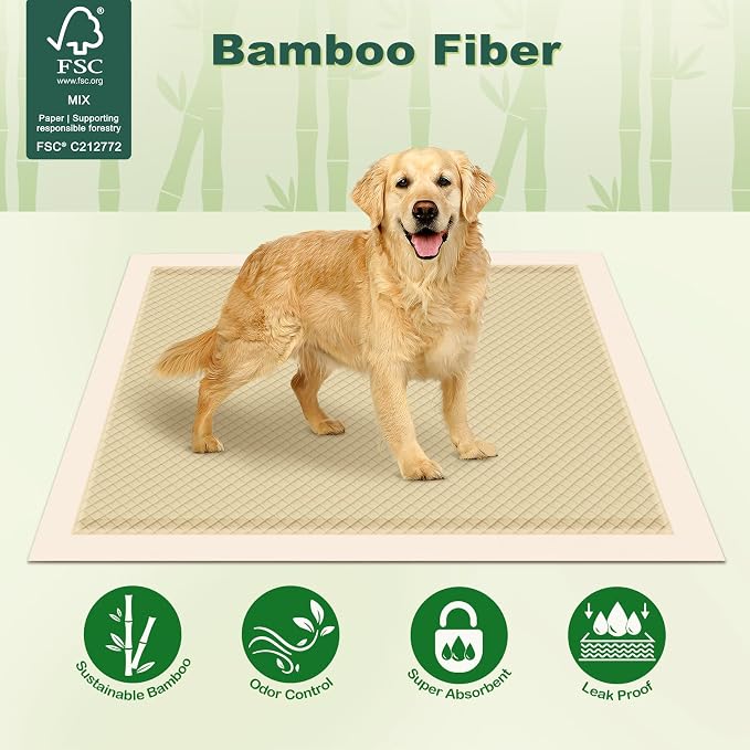 MIZOK Bamboo Dog Pee Pads Highly Absorbent No Leak XXL 36x36in 100Ct | Thick Bamboo Fibers Instantly Absorb Liquid and Neutralize Bad Odors Keeping Your Indoor Living Space Clean and Leak Proof