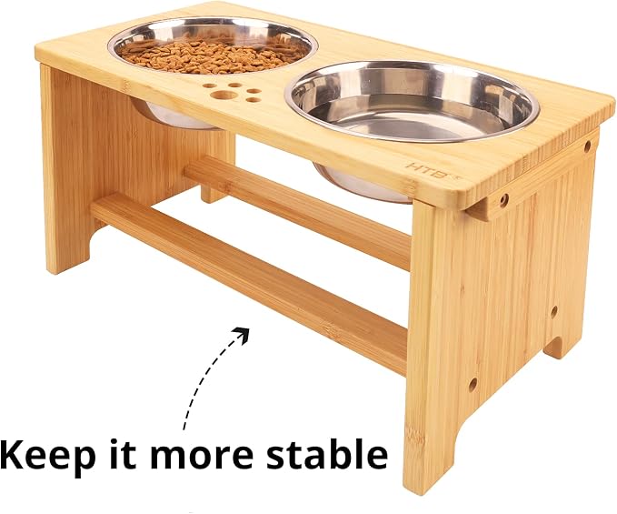 HTB Elevated Dog Bowls,Raised Dog Bowl Stand with 2 Stainless Steel Bowls,Elevated Raised Dog Bowls for Large Medium Small Sized Dogs | Raised Dog Bowl Stand, 10"tall, 48 Oz Bowls, for Large Sized Dogs, Pet-safe, Solid Bamboo