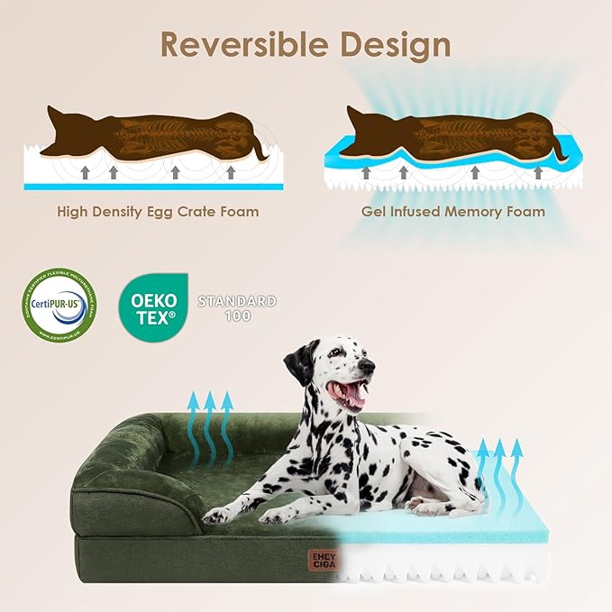 EHEYCIGA Orthopedic Dog Beds for Large Dogs, Waterproof Memory Foam Large Dog Bed with Sides, Non-Slip Bottom and Egg-Crate Foam Pet Couch Bed with Washable Removable Cover, Dark Green | Non-Slip Bottom and Egg-Crate Memory Foam XL Dog Couch Bed with W...