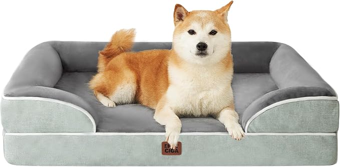 EHEYCIGA Orthopedic Dog Beds Large Sized Dog, Waterproof Washable Pet Bed | Non-Slip Bottom and Egg-Crate Memory Foam Dog Couch Bed with Washable Removable Cover, Greyish Green