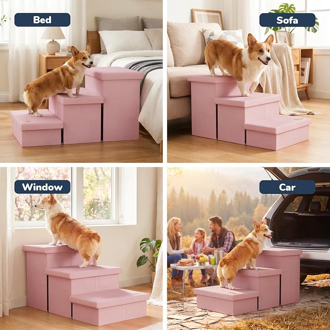 3-Step Wide Dog Stairs with Hidden Storage 18" H, Non-Slip Dog Steps for High Bed Couch Window Car, Jiont-Friendly Pet Stairs Ramp for Small/Medium/Large Old Dogs Cats Up to 200lbs, Pink
