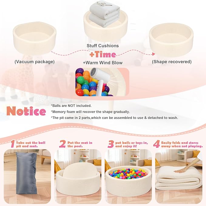 Imitation Teddy Colours Foam Ball Pits 35.4"x 11.8" Soft Round Playpen for Toddlers Dogs Cats with Soft Memory Sponge Indoor and Outdoor Game Beige(Balls not Included)