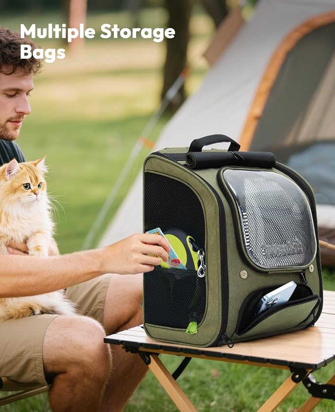 Pecute Cat Backpack Carrier,Large Space Cat Bubble Backpack,Ergonomic,Green | Sunshade Curtain,Transparent Window,Safety Rope,Sturdy,Large Mesh on Both Sides for Breathability,Suitable for Outdoor,Vet