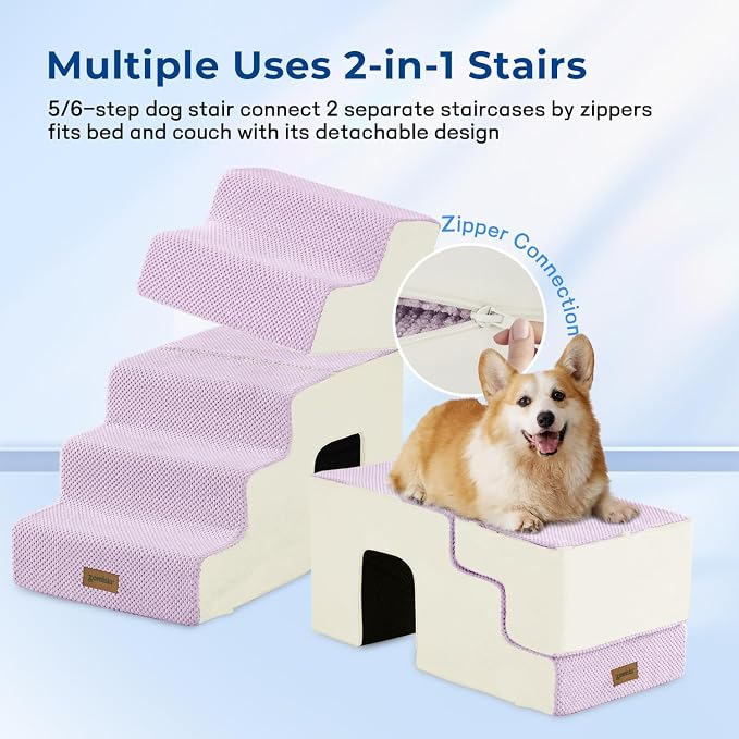 ZOMISIA Dog Stairs for High Beds with Tunnel, 29" H 6 Steps for Large Dog | Tunnel 2 in 1 with Zippers, Suitable for Short-Legged Dogs Get on Bed, Non-Slip Durable Dog Steps with High-Density Foam